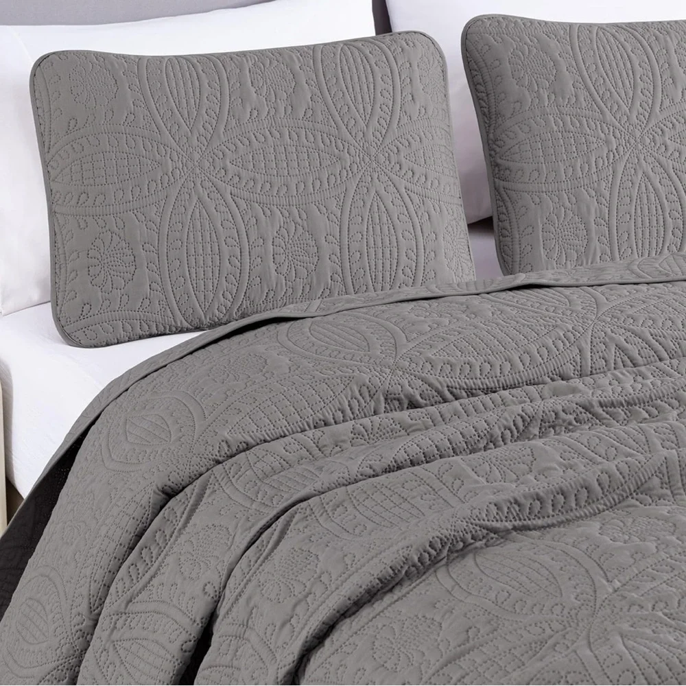 Chezmoi Collection Austin 3Piece Oversized Bedspread Coverlet Set Queen Gray New
